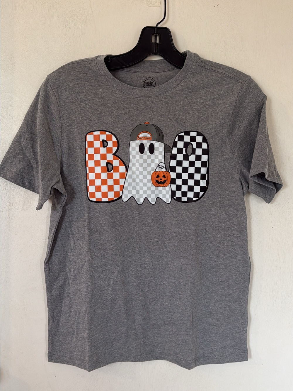 BOO Ghost Graphic Tee - Gray with Orange & Black Check